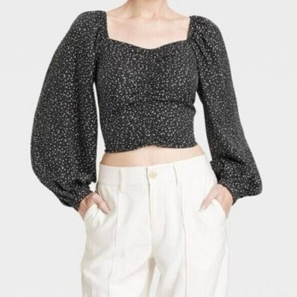 A New Day Boho Black White Balloon Sleeve Blouse Ruched Crop Top Size Medium - Picture 1 of 12